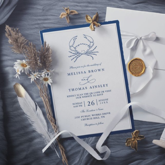 Convite Nautical Navy Blue Crab Beach QR Code Wedding (Criador carregado)