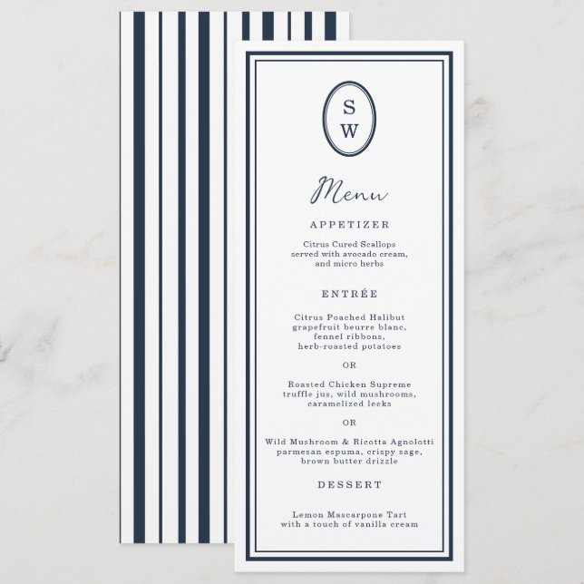 Convite Nautical Navy Monogram Long Wedding Menu Card (Frente/Verso)