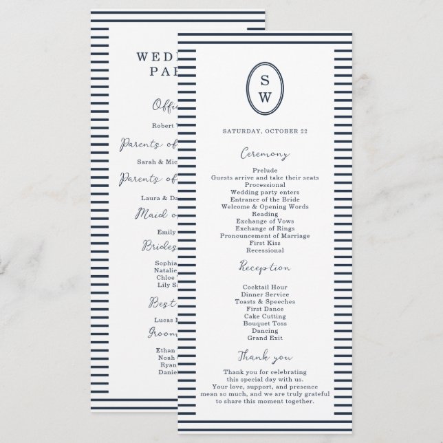 Convite Nautical Navy Stripe Classic Wedding Program Card (Frente/Verso)