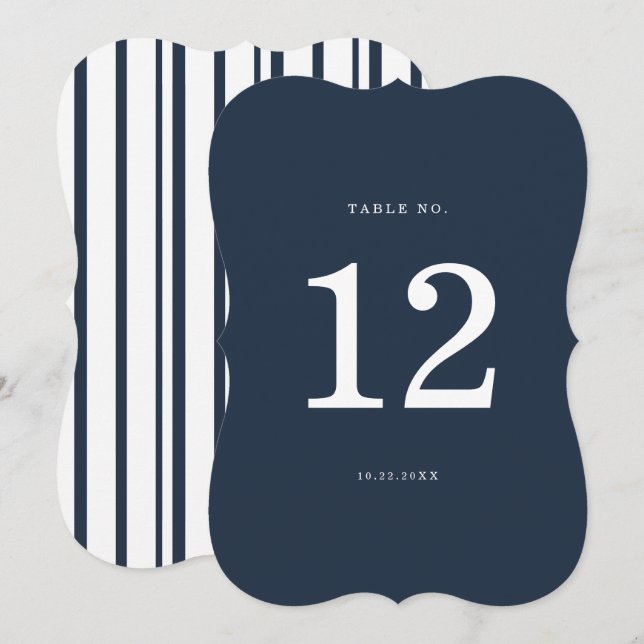 Convite Nautical Navy Stripe Die-Cut Wedding Table Number (Frente/Verso)
