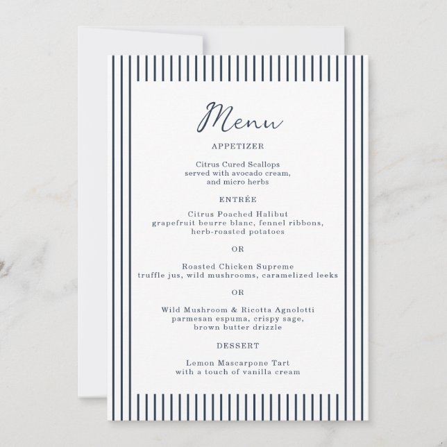 Convite Nautical Navy Stripe Monogram Wedding Menu Card (Frente)