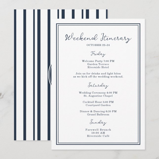 Convite Nautical Navy Wedding Weekend Itinerary Card (Frente/Verso)