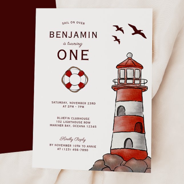 Convite Nautical Red Lighthouse Costal 1st Birthday (Criador carregado)