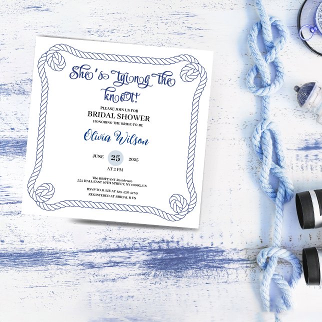 Convite Nautical Rope she’s Tying the Knot  Bridal Shower  (nautical bridal shower invitations anchor summer beach rope ocean wedding beach theme simple minimal)