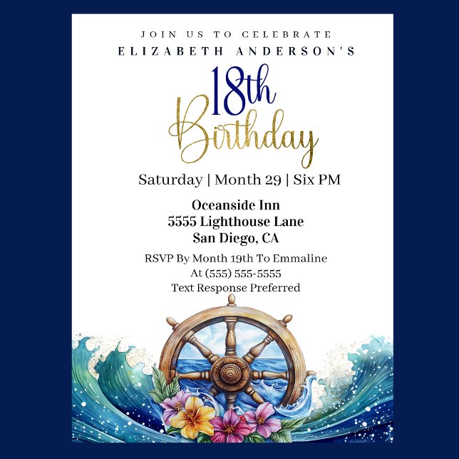 Convite Nautical Sailing Wheel 18th Birthday (Nautical sailing wheel 18th birthday invitation with ocean waves and tropical flowers
)