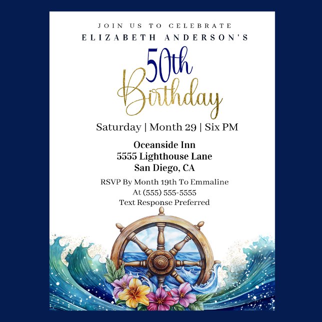 Convite Nautical Sailing Wheel 50th Birthday (Nautical sailing wheel ocean waves floral 50th birthday invitation in navy blue and gold
)