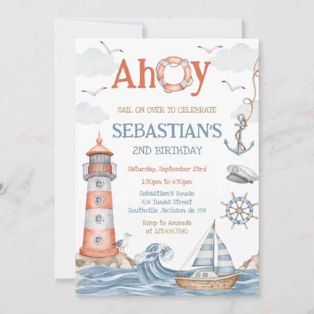 Convite Nautical Sailor Theme Birthday Invitation (Frente)