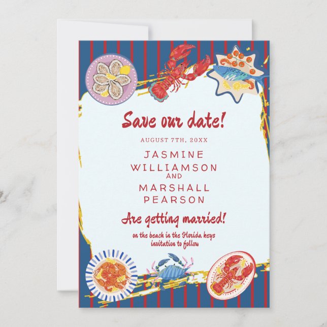 Convite Nautical Seafood Stripe Save Our Date (Frente)