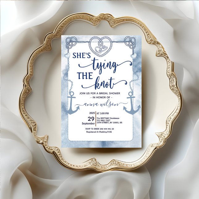 Convite Nautical She's Tying the Knot Bridal Shower  (Nautical She's Tying the Knot Bridal Shower Invitation template beach theme heart rope marine theme)
