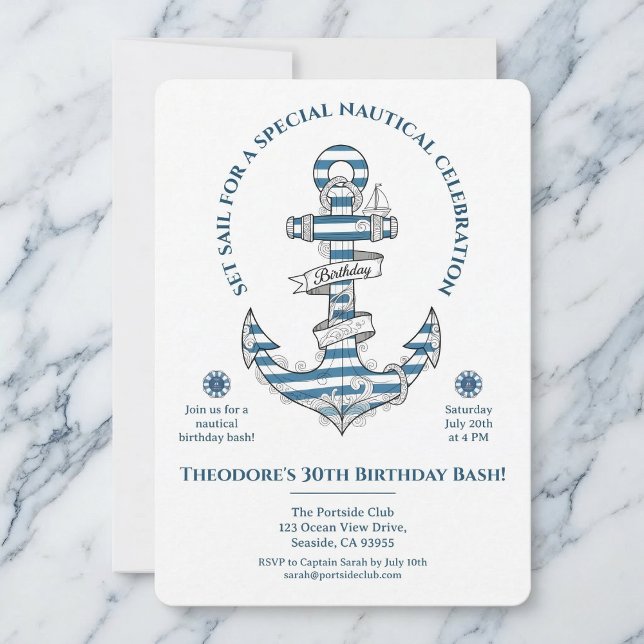 Convite Nautical Striped Anchor Birthday Party Invitation (Coastal vibes for your special day.)