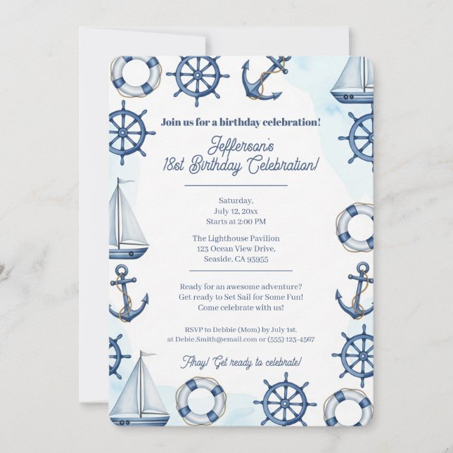 Convite Nautical Watercolor Anchor Wheel Border (Frente)