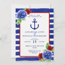 Convite Náutico Casamento Vermelho Azul Hydrangea Watercol