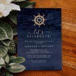 Convite Náutico Moderno | Celebração do Vamos de carga<br><div class="desc">Este convite para celebração de vamos náuticos modernos de helm é perfeito para uma festa de noivado de cruzeiro ou praia,  casamento após festa,  aposentadoria,  graduação ou qualquer evento feliz. O simples design apresenta uma roda de barco dourada sobre um fundo de marinho azul-d'água.</div>