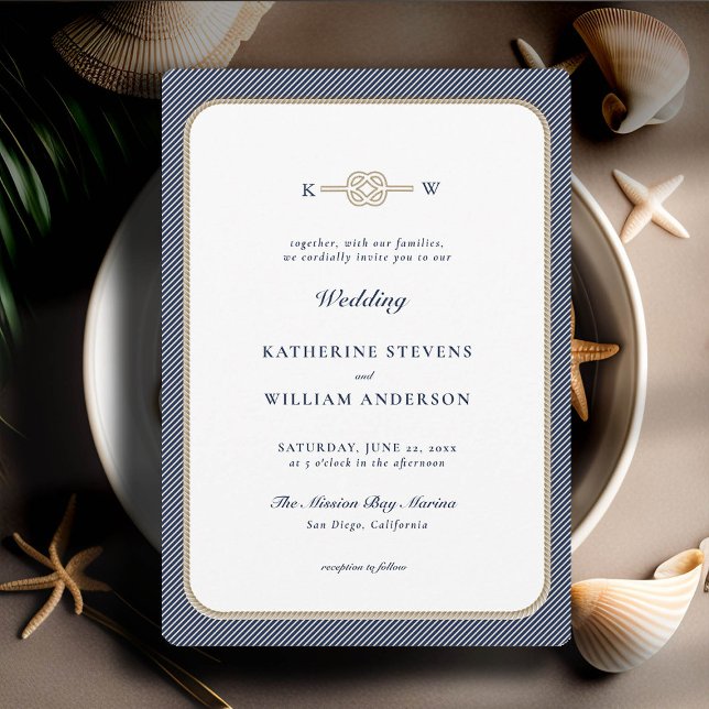 Convite Náutico Nnáutico Monogramas Marinho Elegante Tan C (simple beach wedding invitation nautical rope infinity knot navy tan modern classic minimalist)
