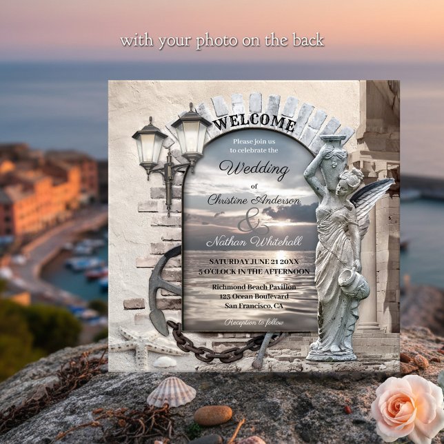 Convite Náutico para Casamento de Foto Clássico It (Italian wedding invitation with a nautical theme, featuring a coastal scene with angel and lanterns)