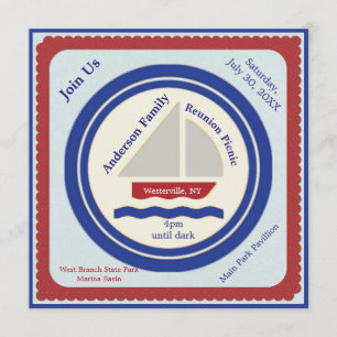 Convite Náutico para Piquenique Vermelho, Branco,