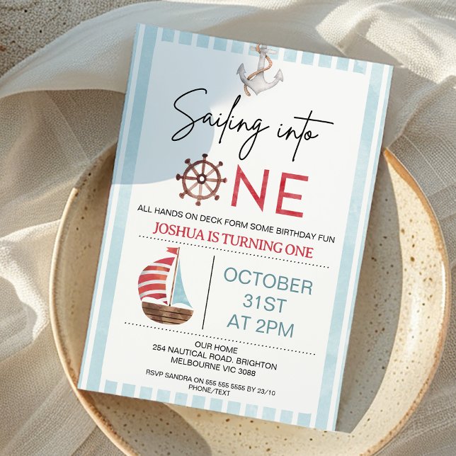 Convite Nave de vela azul clara navegando em um primeiro a (Light Blue and Red Sailing into One First Birthday Invitation Nautical Sailing into One 1st Birthday)