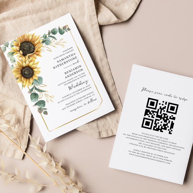Convite Nave Fluvial Floral Eucalipto Código QR Casamento (Floral Sunflower Eucalyptus QR Code Script All-in-One Wedding Invitation)