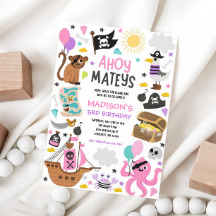 Convite Nave Pirata Rosa Tesouro Menina Aniversário