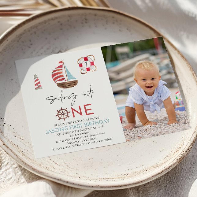 Convite Navegação Náutica Moderna Em Um primeiro aniversar (Boys Nautical Themed 1st Birthday Invitation Sail Boat First Birthday Invite baby Boy Surfing Into )