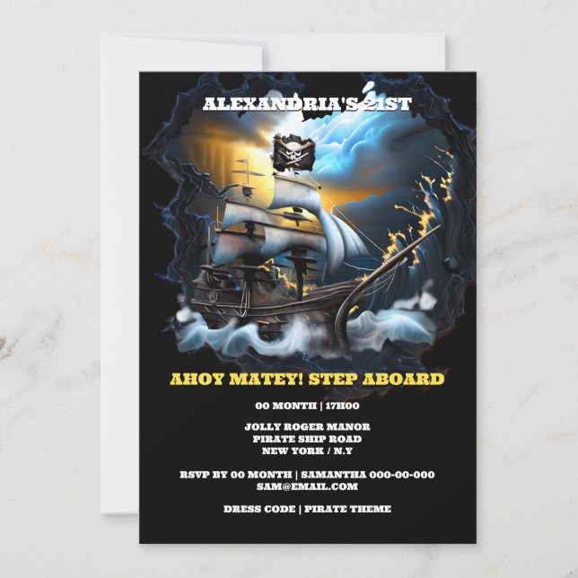 Convite Navio fantasma de pirata jolly roger galleon sea (Frente)