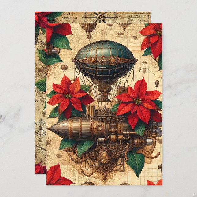 Convite Navio Steampunk Imprimível com Poinsettia (Frente/Verso)