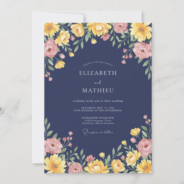 Convite Navy Amber Floral Romantic Wedding (Frente)