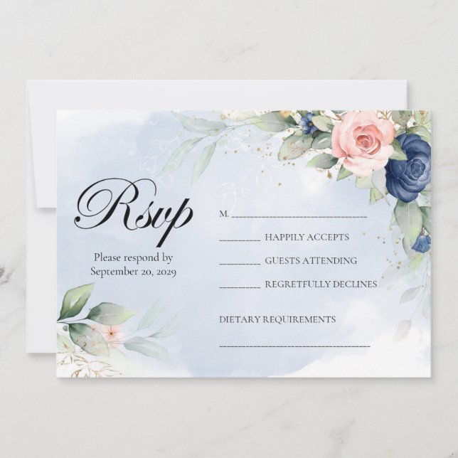 Convite Navy and Blush Floral Wedding RSVP (Frente)