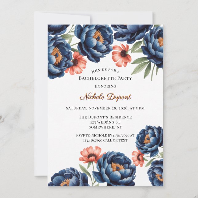 Convite Navy and Burnt Orange Floral Bachelorette Party (Frente)