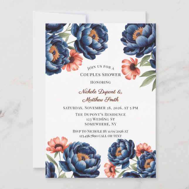 Convite Navy and Burnt Orange Floral Couples Shower (Frente)