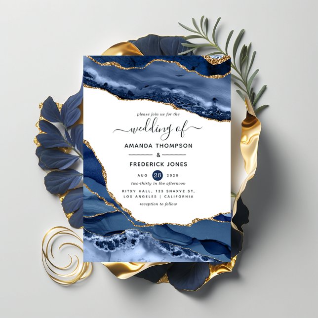 Convite Navy and Gold Agate Wedding (Criador carregado)
