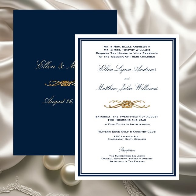 Convite Navy and Gold Elegant Formal Wedding (Navy and Gold Elegant Minimalist Wedding Invitation)