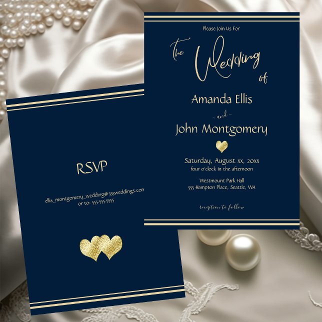 Convite Navy and Gold Elegant Wedding with RSVP (Navy and Gold Elegant Wedding with RSVP Invitation)