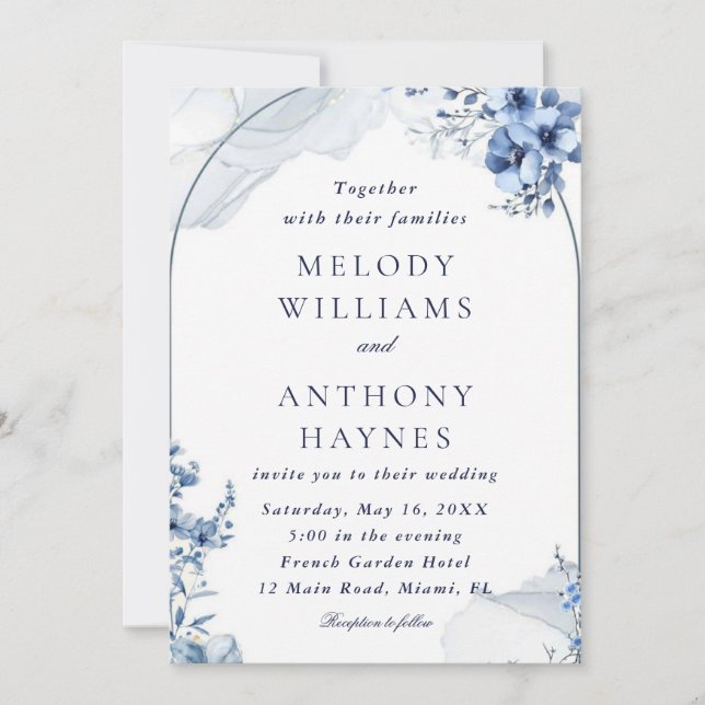 Convite Navy and light blue watercolor floral wedding (Frente)