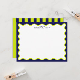 Convite Navy and Lime Striped Back Wavy Frame Note Card