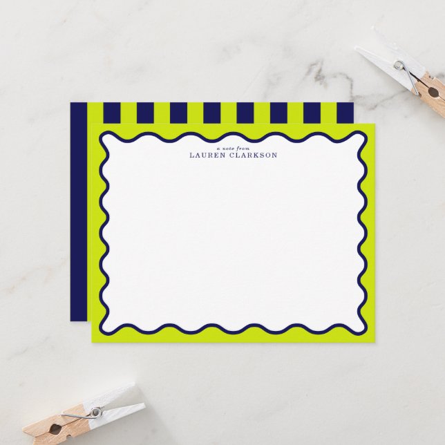 Convite Navy and Lime Striped Wavy Frame Note Card (Frente/Verso In Situ)