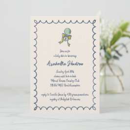Convite Navy and Mint Doodle Rattle and Bow Baby Shower