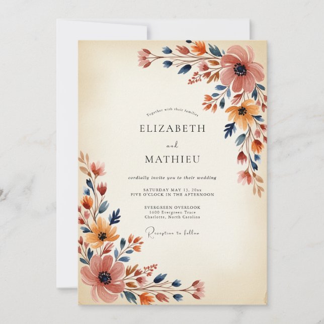 Convite Navy Apricot Painterly Autumn Wedding (Frente)