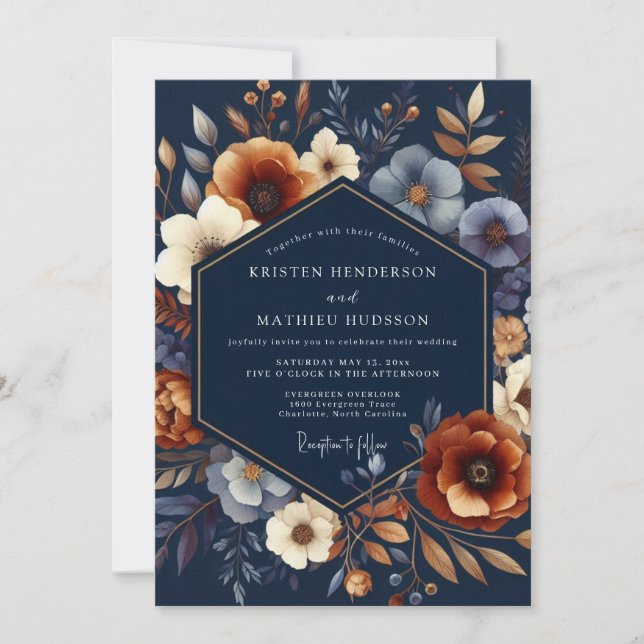Convite Navy Autumnal Bloom Wedding (Frente)