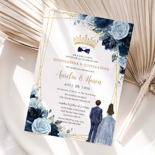 Convite Navy Bebê Azul Floral Gêmeos Menino Menina Quincea