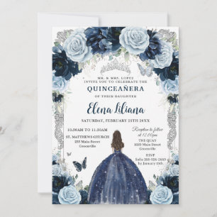Convite Navy Bebê Azul Floral Vintage Prata Quinceanera
