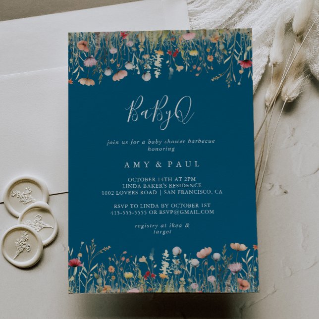 Convite Navy Bliss Wildflower  BabyQ Baby Shower Barbecue (Criador carregado)