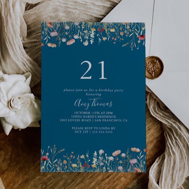 Convite Navy Blissful Boho Wildflower 21st Birthday Party (Criador carregado)