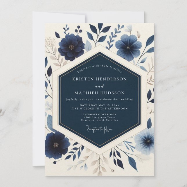 Convite Navy Blooming Botanical Wedding (Frente)