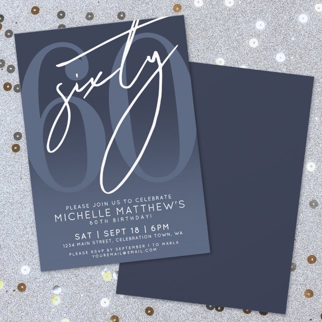 Convite Navy Blue 60th Birthday Party (Navy Blue 60th Birthday Party Invitation)