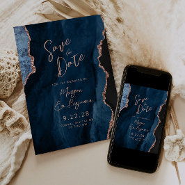 Convite Navy Blue Ágata Rosa Dourado Casamento Salve a Dat