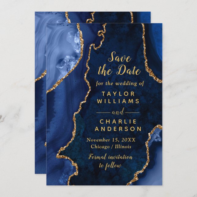 Convite Navy Blue and Gold Agate Marble Save The Date (Frente/Verso)