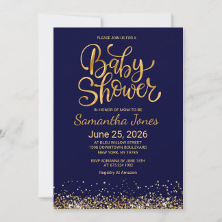 Convite Navy Blue and Gold Baby Shower Invitation