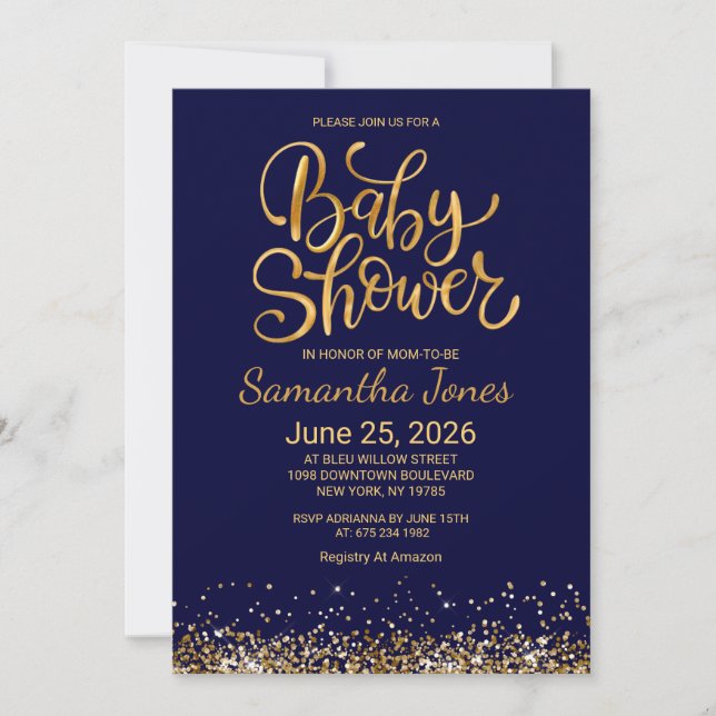 Convite Navy Blue and Gold Baby Shower Invitation (Frente)