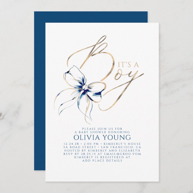 Convite Navy Blue and Gold Bow Boy Baby Shower (Frente/Verso)